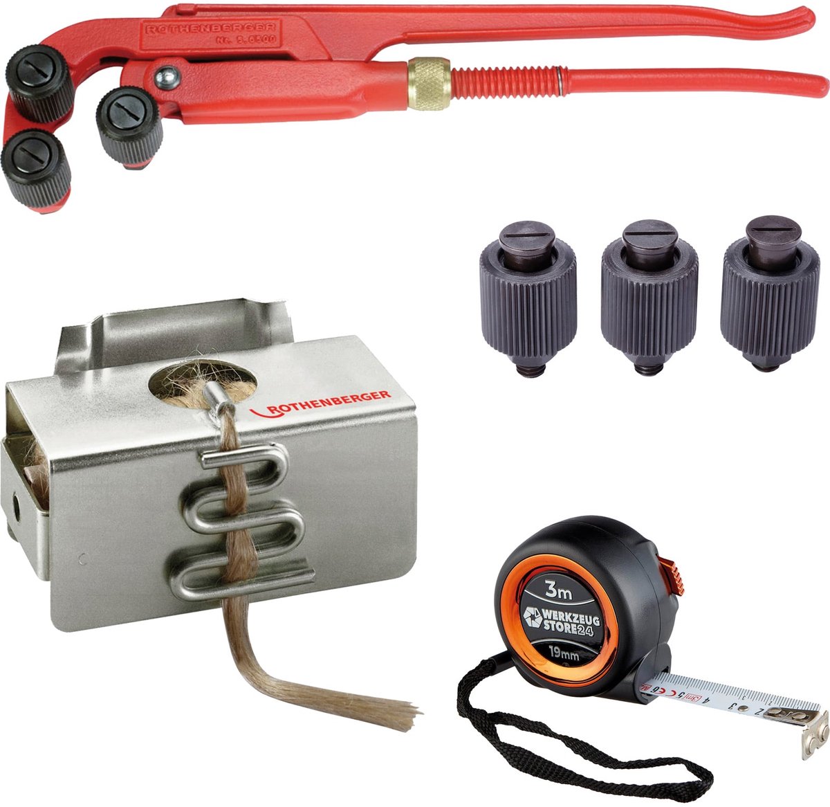 ROTHENBERGER Draadopruwapparaat 3/8-2" + Hennepspoel gekamde kwaliteit + 3x Vervangende opruwrollen + Meetlint - 56500-65081-56501-Set