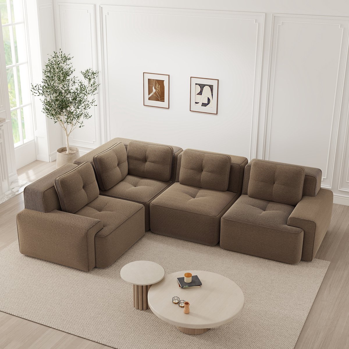 Modulaire Hoekbank 4-Zits - Frameloze Ribstof Cloud Bank Met Diepe Zit, Zachte Lounge Sofa, Bruin