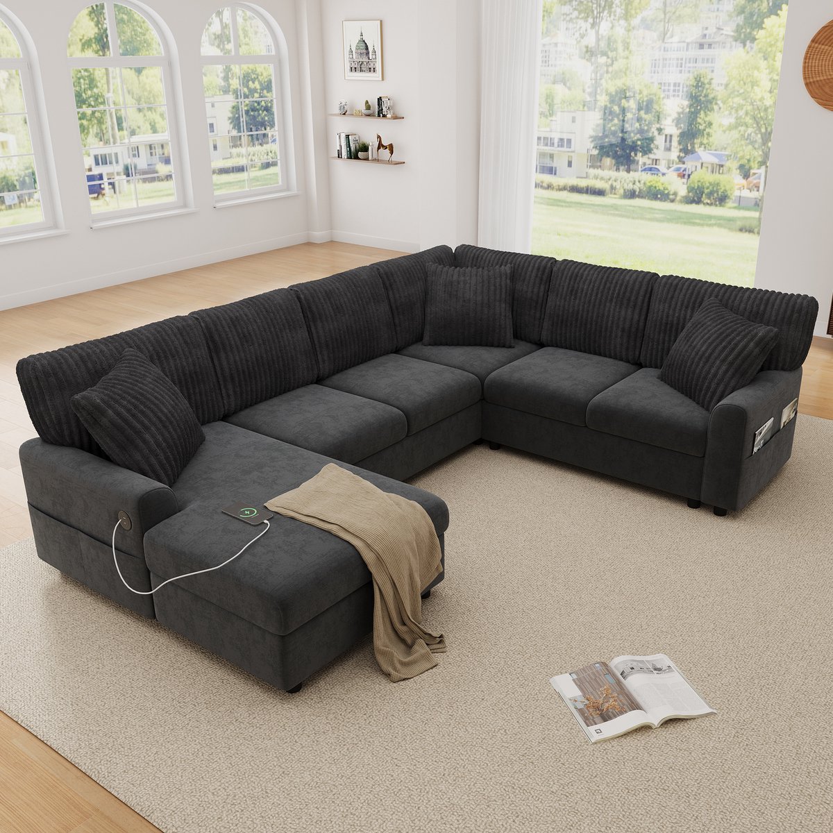 U Hoekbank - 6 Zits Modulaire Lounge Bank Chenille Ribstof - Grote U Vormige Sofa Met Chaise Longue - USB En Type-C Oplaadpoort - Met Kussens En Opbergtas - Comfortabele Familie Bank Voor Woonkamer - Grijs