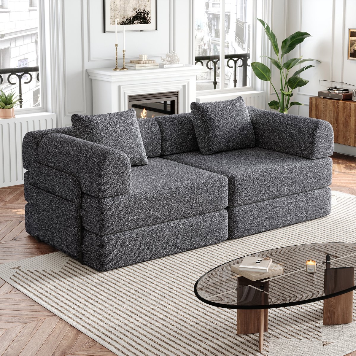 Slaapbank 2-Zits - Chenille Bank Met Opbergruimte In Armleuning - 2-in-1 Modulaire Sofa Met Metalen Frame En Uitklapbare Bedfunctie - Comfortabele Lounge Bank Voor Woonkamer - Grijs