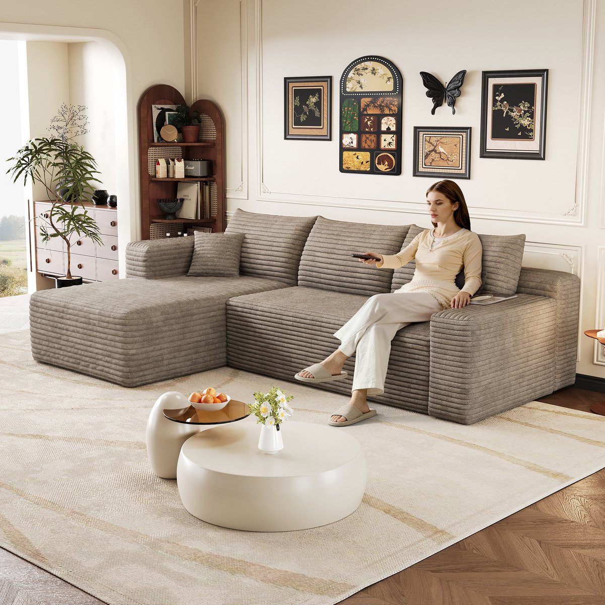 Modulaire Hoekbank - 3-Zits Corduroy Cloud Sofa Met Chaise Longue - L-Vormige Lounge Bank Met Diepe Zit En Zachte Schuimvulling - Compacte Bank Zonder Montage Voor Woonkamer - Camel