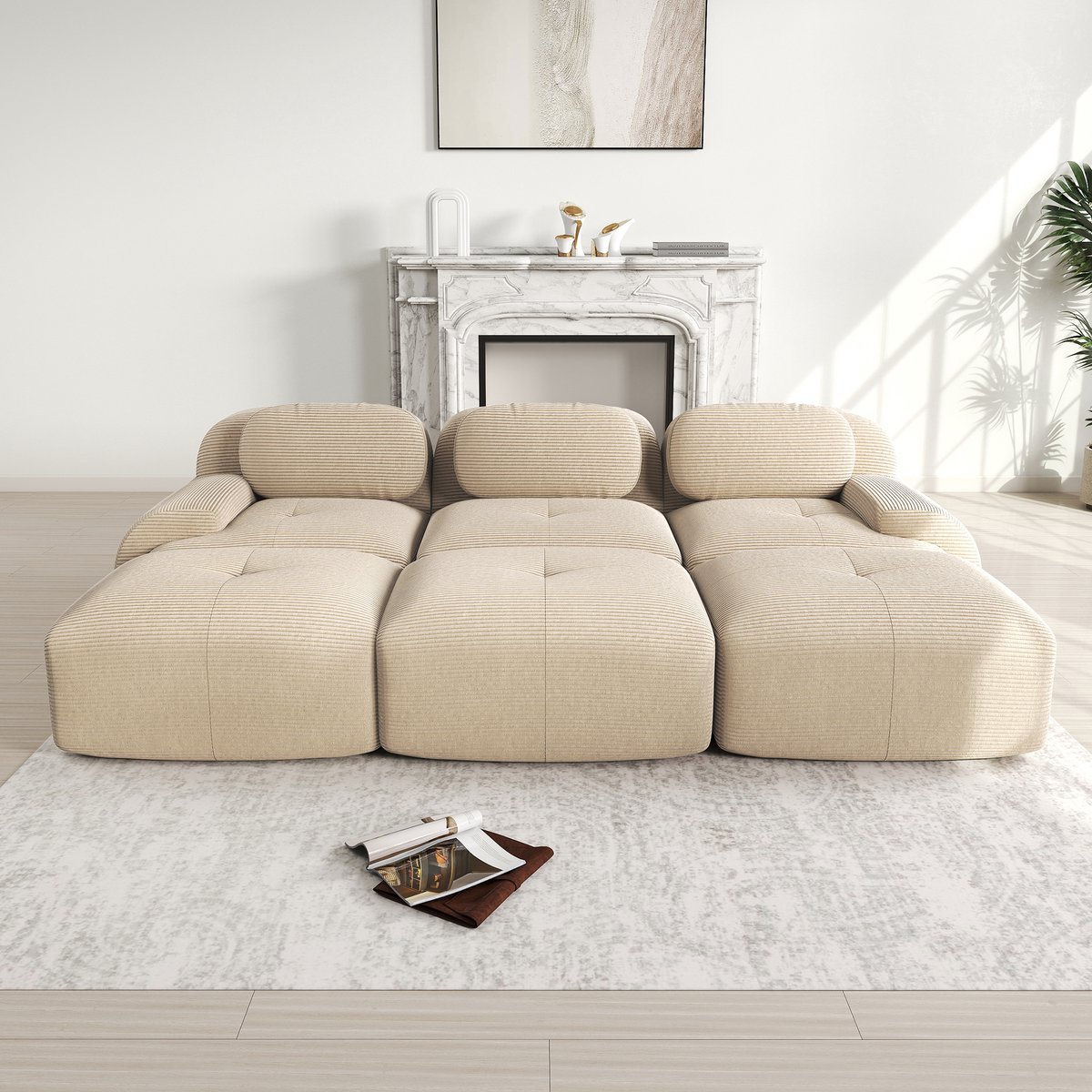 Geribd Fluweel Sofa voor Woonkamer en Home Cinema - Verzamelbare Design - 298x178x70 cm, Beige