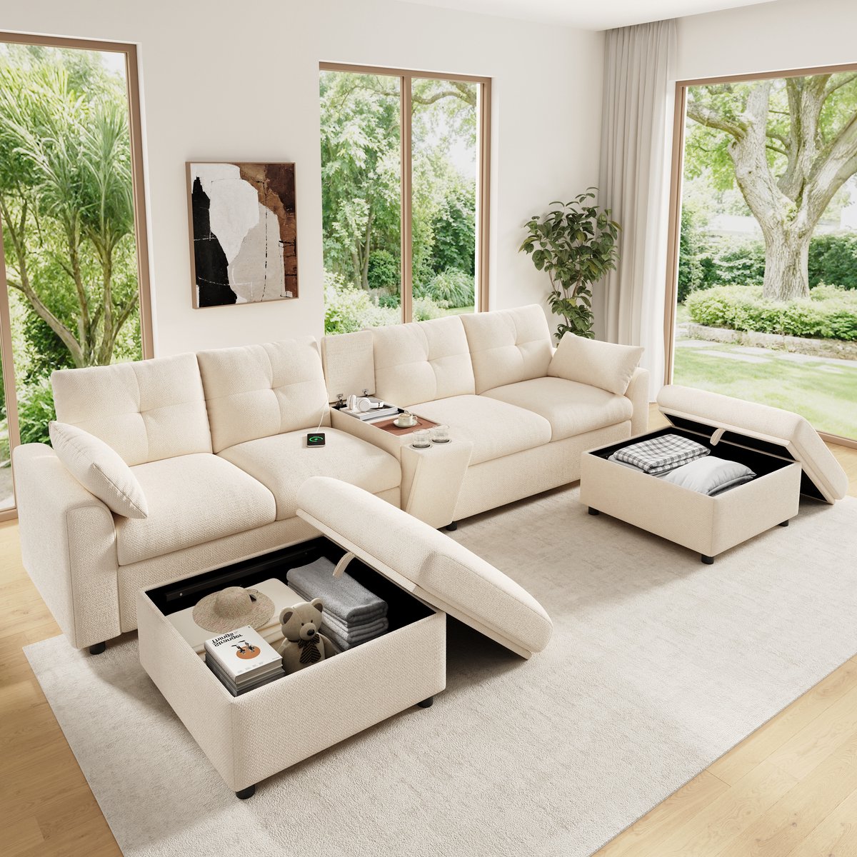 Modulair 6-zits U/L-vorm sofa met opbergruimte en opladingsmogelijkheden - 316x140x84.5 cm, Beige