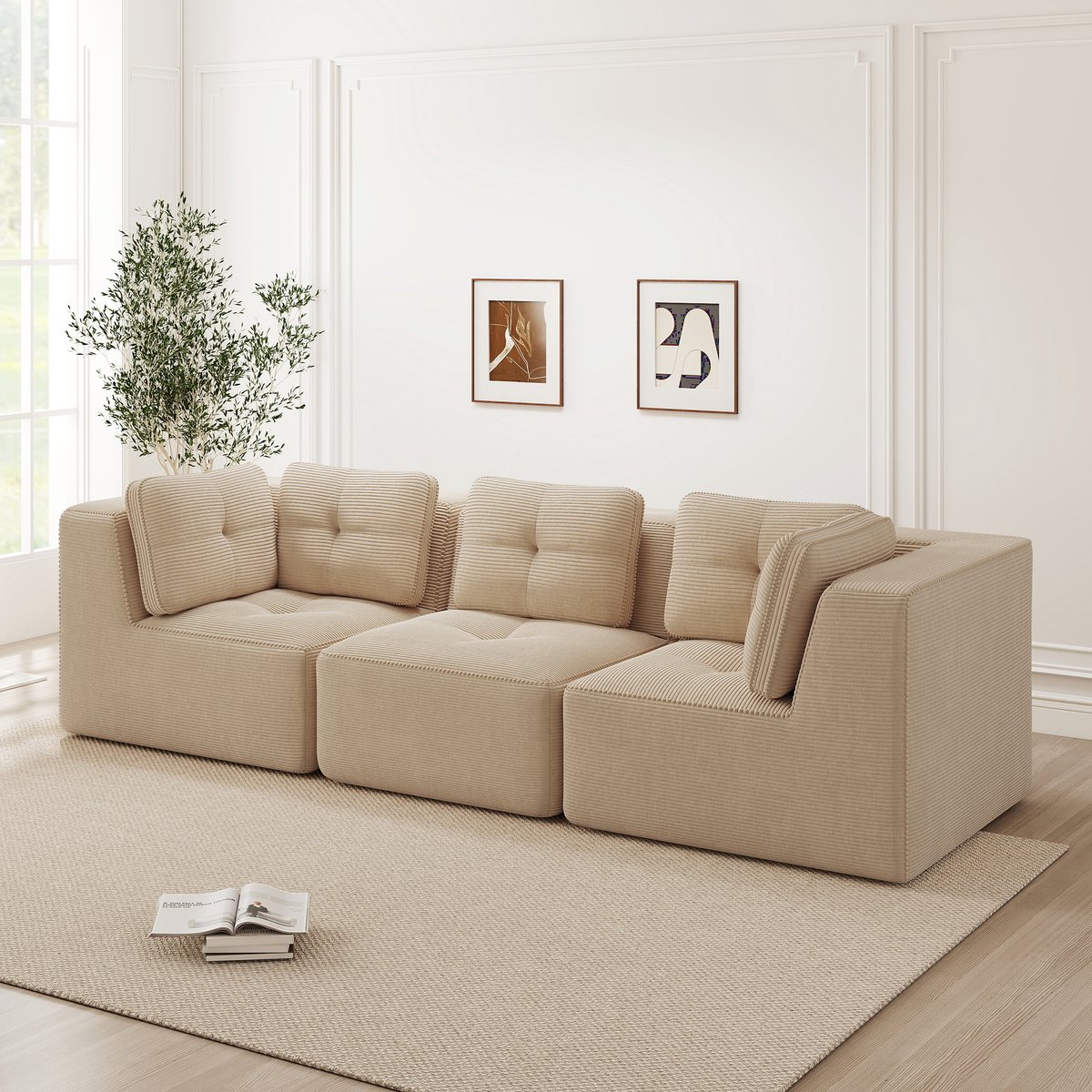 Modulaire Hoekbank 3-Zits - Frameloze Ribstof Lounge Bank - Diepe Zitbank Met 32D Schuim - Beige