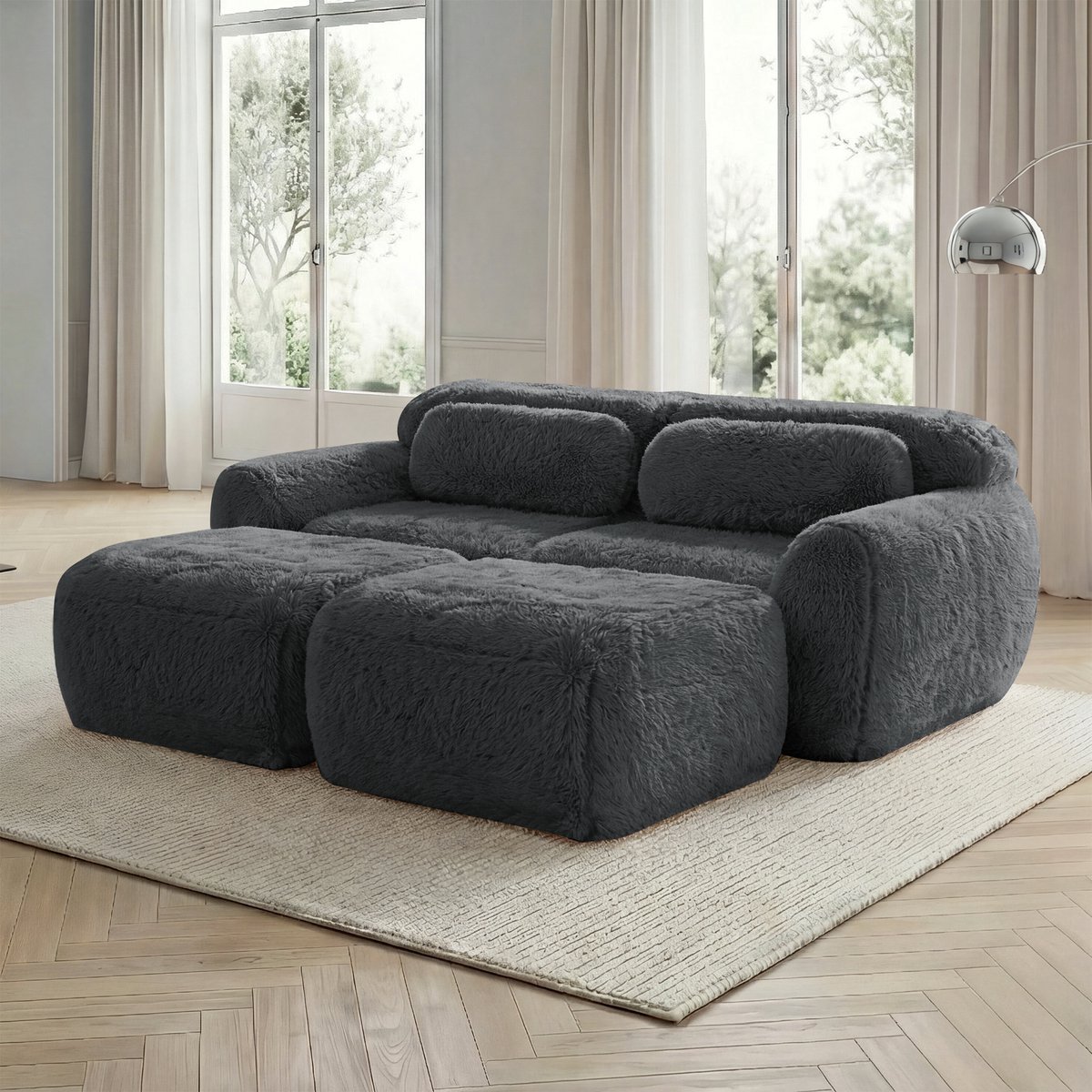 Modulaire Hoekbank - 2 Zits Cloud Sofa Luxe Velours - Frameloze Lounge Bank Met 2 Voetenbanken - 32D Schuim Diepe Zit Zonder Montage - Zachte Slaapbank Voor Woonkamer Slaapkamer - Antislip Design - Grijs