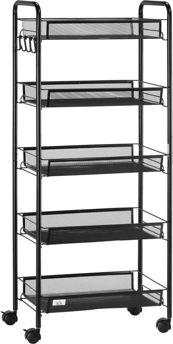Opbergwagen met 5 verdiepingen – met afneembare manden en 4 haken – stalen frame – 45 x 26,5 x 106 cm – zwart