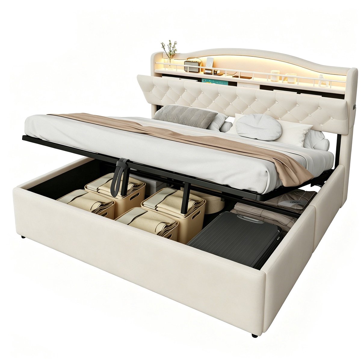 Merax Gestoffeerd Bed 180 x 200 cm - Bed Met Opbergruimte - Hydraulisch Hefmechanisme - LED Verlichting - USB en USB-C - Fluweel - Beige