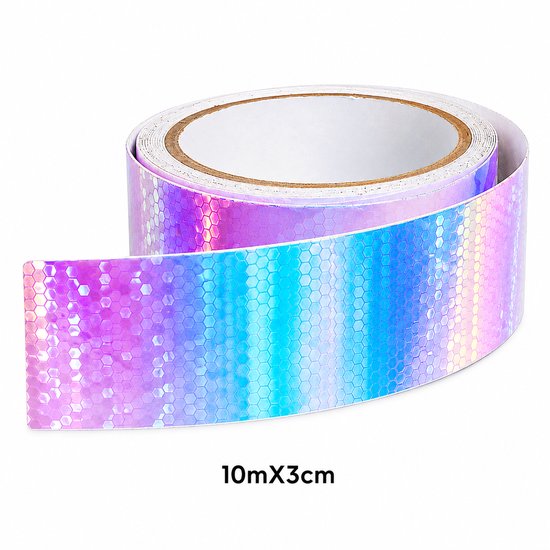 Rol reflecterende tape (10m x 3cm) met zeshoekig patroon in iriserende blauwe, paarse en roze kleuren.