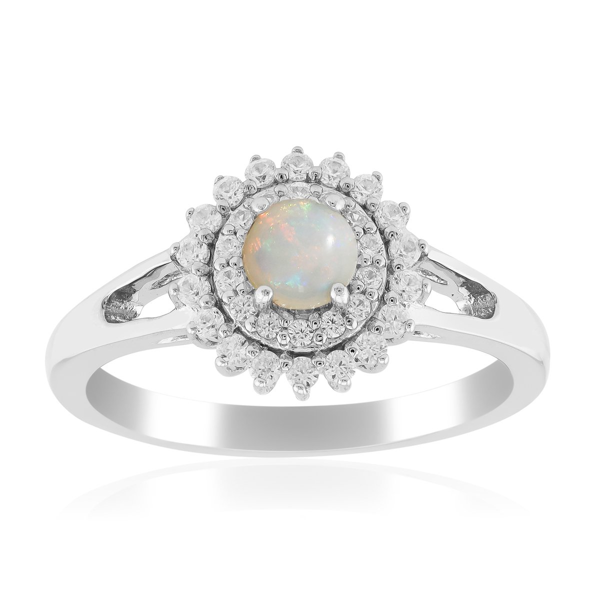 Cavill - Zilveren ring met Australische opaal 0,12 ct & Cambodjaanse zirkoon 0,28 ct - 925 Sterling zilver, platina laag - Elegante cabochon pavé