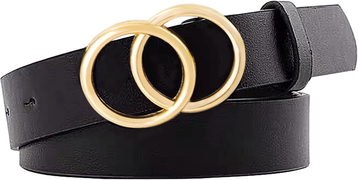 Leather Belt Girls Leather Belt Fashion Black Soft Faux Leather Buckle Double O-Ring Adjustable Unique Design for - ShopVlot
