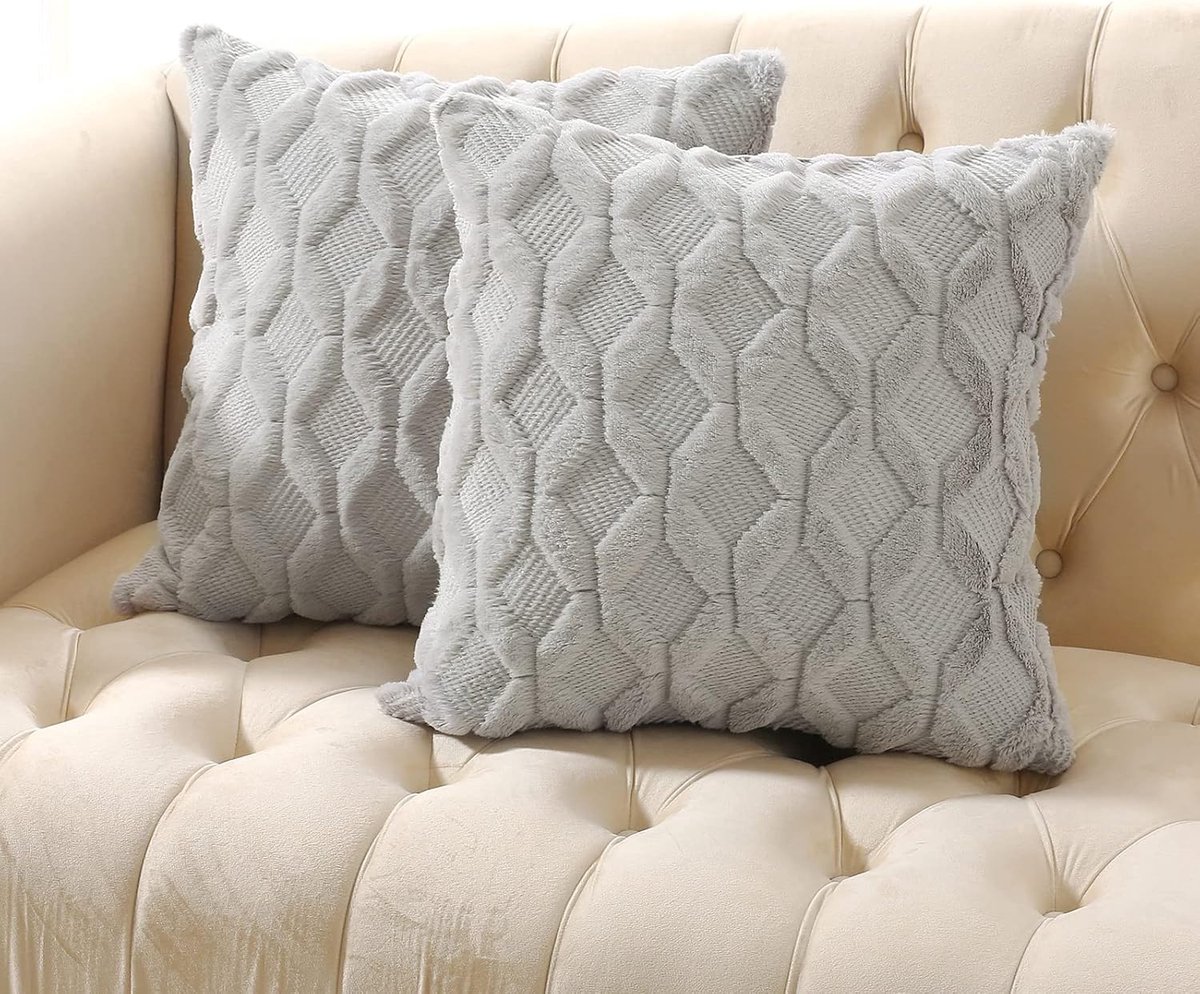 Volcanics Set of 2 Faux Wool Decorative Farmhouse Velvet Cushion Cover Soft Plush Square Boho Pillow Cover Light Grey - ShopVlot
