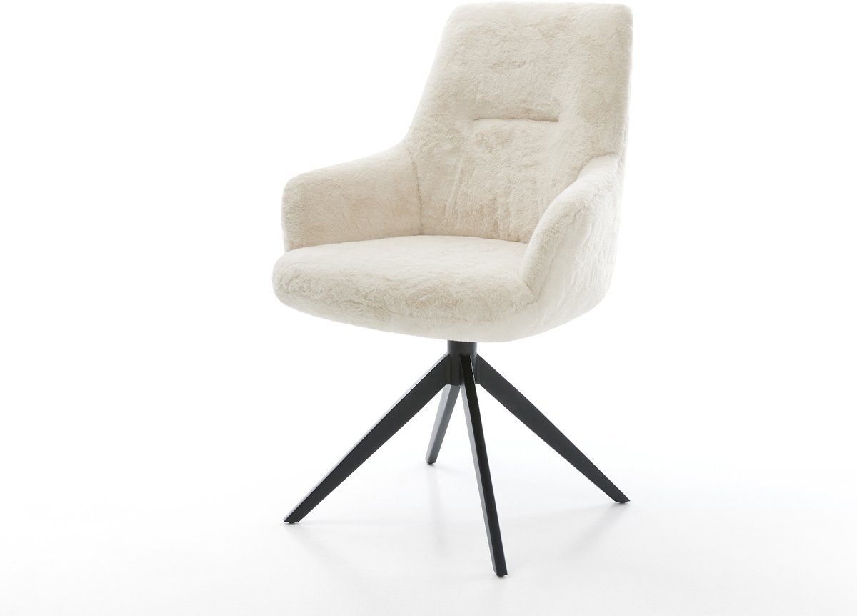 Eetkamerstoel Zelia-Flex met armleuning kruisframe breed zwart pluchen crème-wit 360° draaibaar rocker-functie pocketveer kern