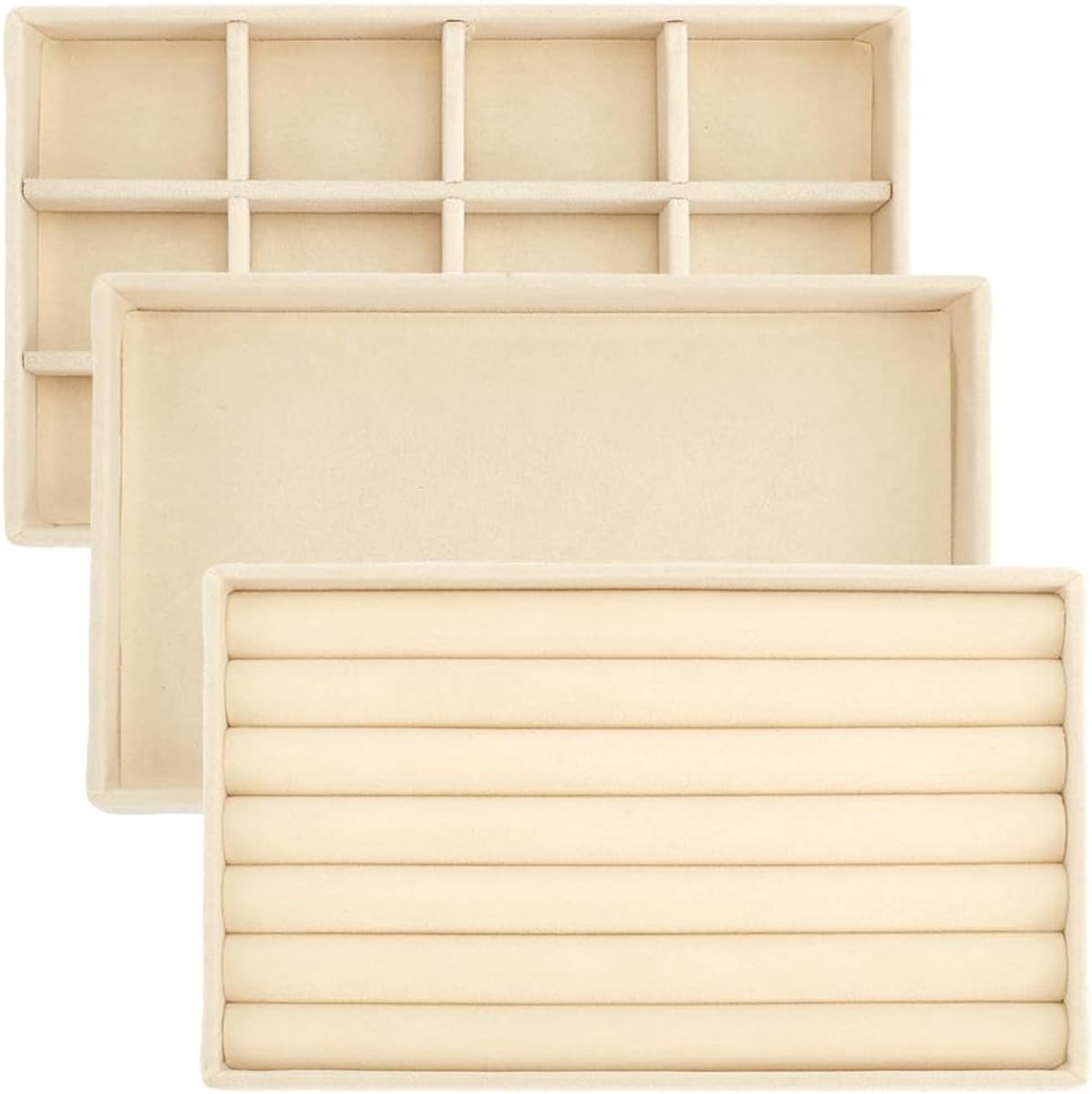 3 pieces, 3 different designs, beige velvet jewellery storage compartments, stackable drawer inserts, individually - ShopVlot