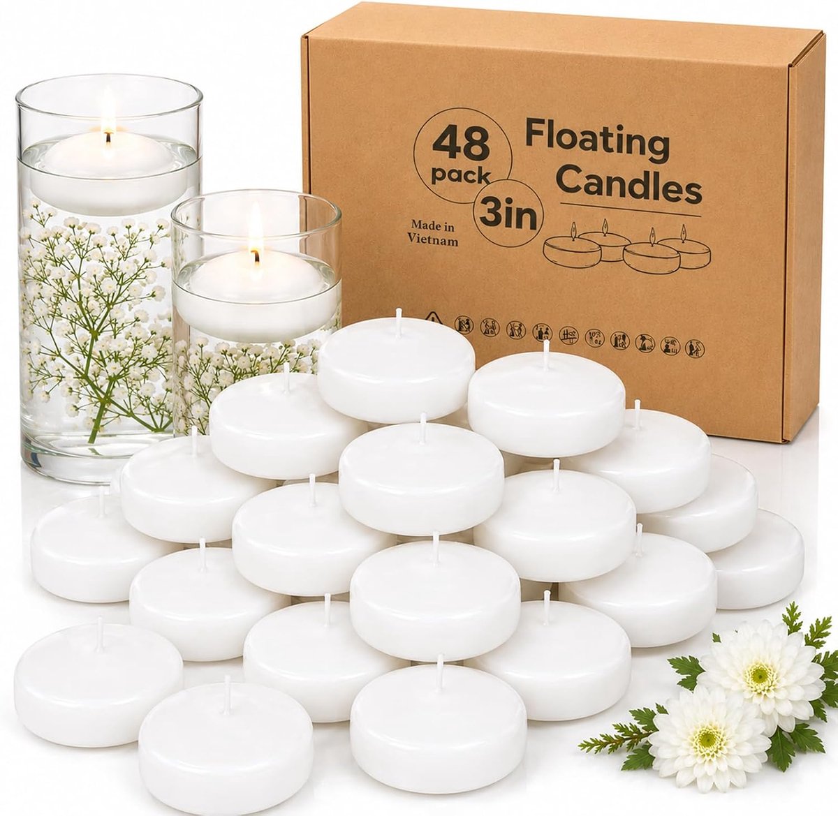 7.5cm White Floating Candles, 48 Packs Unscented Floating Candles for Centerpieces-10 Hours Long Burn Time - ShopVlot