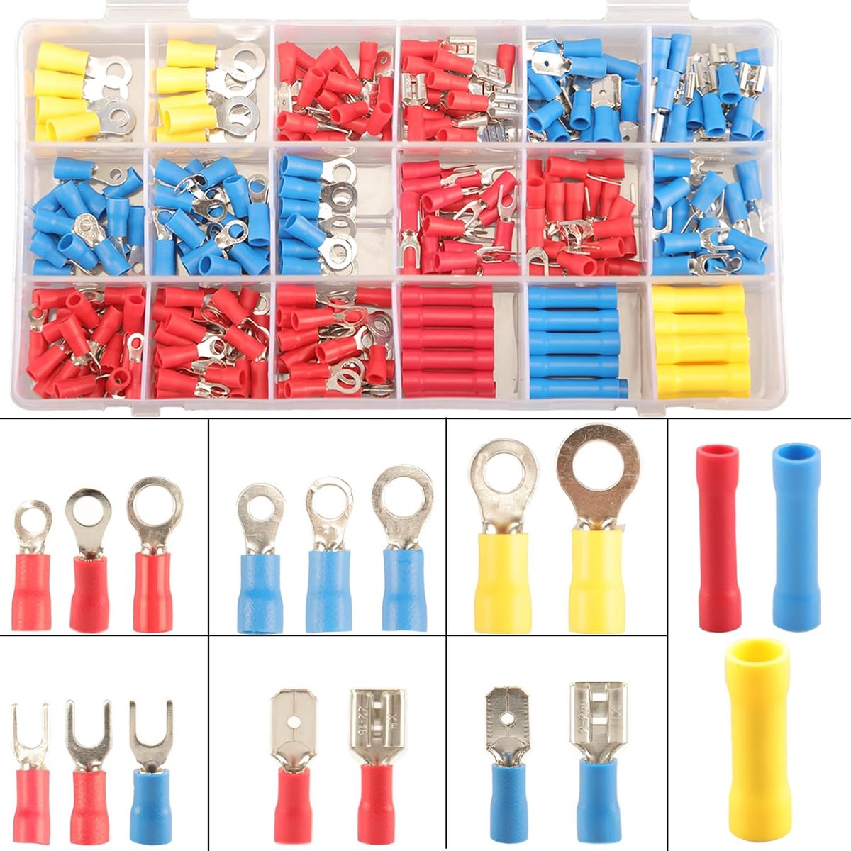 Crimp Connectors, Cable Lugs, Set of 300 Pieces, 18 Kinds of Crimp Connectors, 2.8 mm, 4.8 mm, 6.3 mm, Male and - ShopVlot