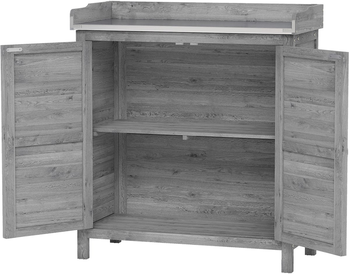 83 x 40 x 92 cm Tuinkast Met Werktafel, Houten Tuinberging, Gereedschapskast, Pottafel, Plantenkast, Buitenopbergkast Met Verzinkt Werkblad, 2 Legplanken, Opbergruimte Voor Tuingereedschap, Balkon En Terras Grijs