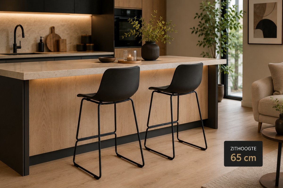 Belfurn - Elin lage barkruk – zithoogte 65 cm – zwart – kunststof kuip – zwart stalen onderstel