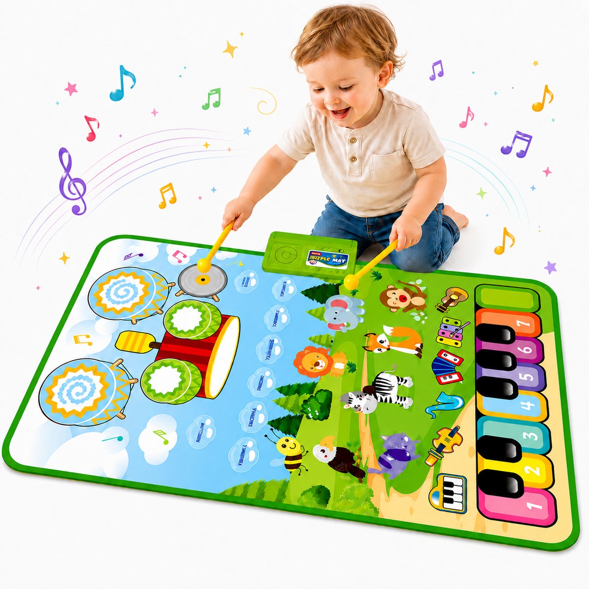 Pumpify Dansmat – Pianomat – 3 in 1 – Muziekmat – Speelmat – Dierenwereld – Educatief Speelgoed – Speelgoed – 1 jaar – 2 jaar – 3 jaar – Voor Kinderen – Voor Jongens – Voor Meisjes – 80x50 cm – Speelgoedboek – Inclusief 2 Drumstokken