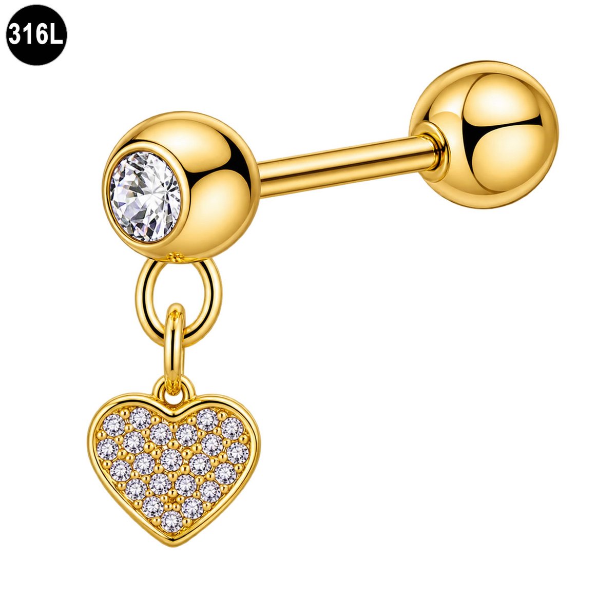 Helix Piercing Goudkleurig met Hart Hanger en Kristallen – 316L Chirurgisch Staal – 1.2 x 6 mm – Tragus Kraakbeenpiercing