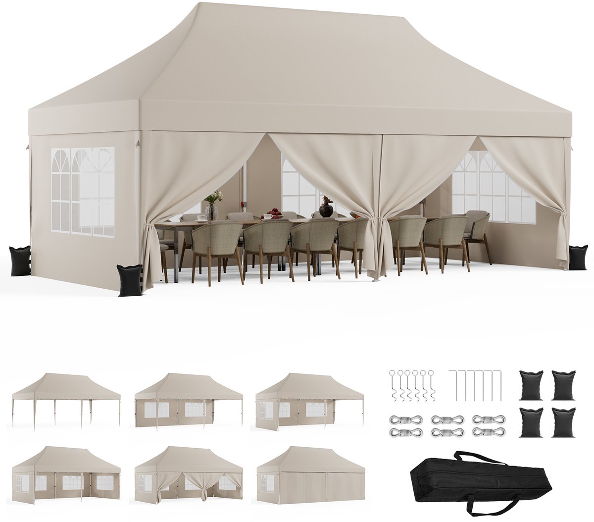 Devoko Luxe Partytent 3x6 m – opvouwbaar snelopzetbaar tuinpaviljoen met zijwanden – waterdicht en UV-bestendig – Inclusief opbergtas – 3 Hoogteverstelbaar – beige