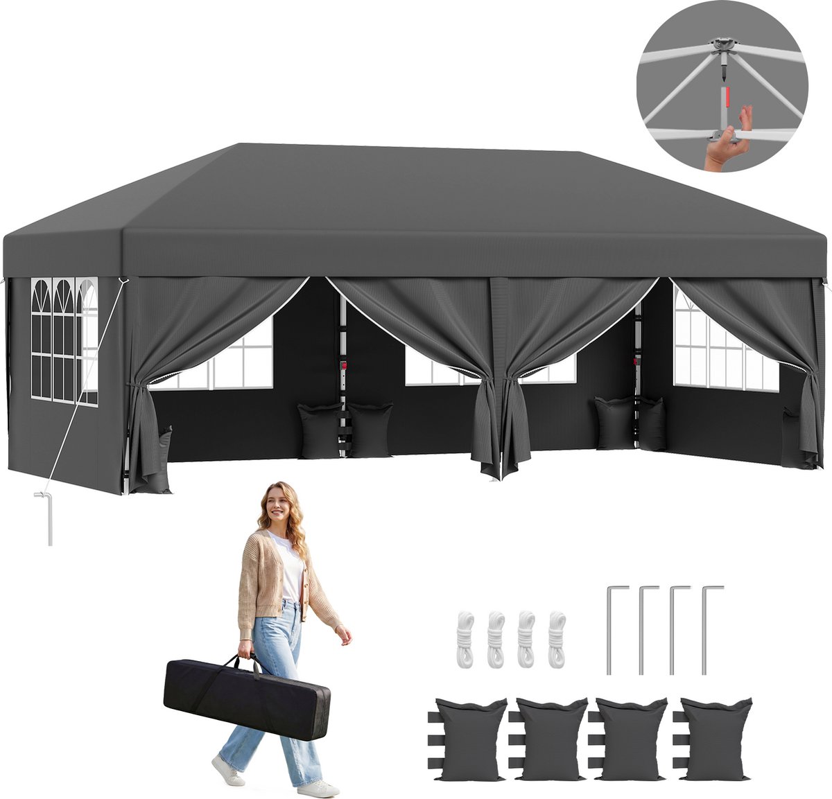 Devoko partytent–Opvouwbaar tuinpaviljoen 3x6–pop-up tuinpaviljoen in 20 sec–Waterdicht & UV-bestendig–met opbergtas–4 zijwanden–Grijs