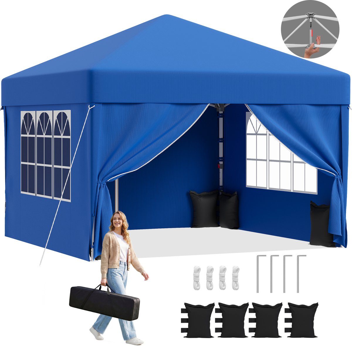 Devoko partytent–Opvouwbaar tuinpaviljoen 3x3–pop-up tuinpaviljoen in 20 sec–Waterdicht & UV-bestendig–met opbergtas–4 zijwanden–Blauw