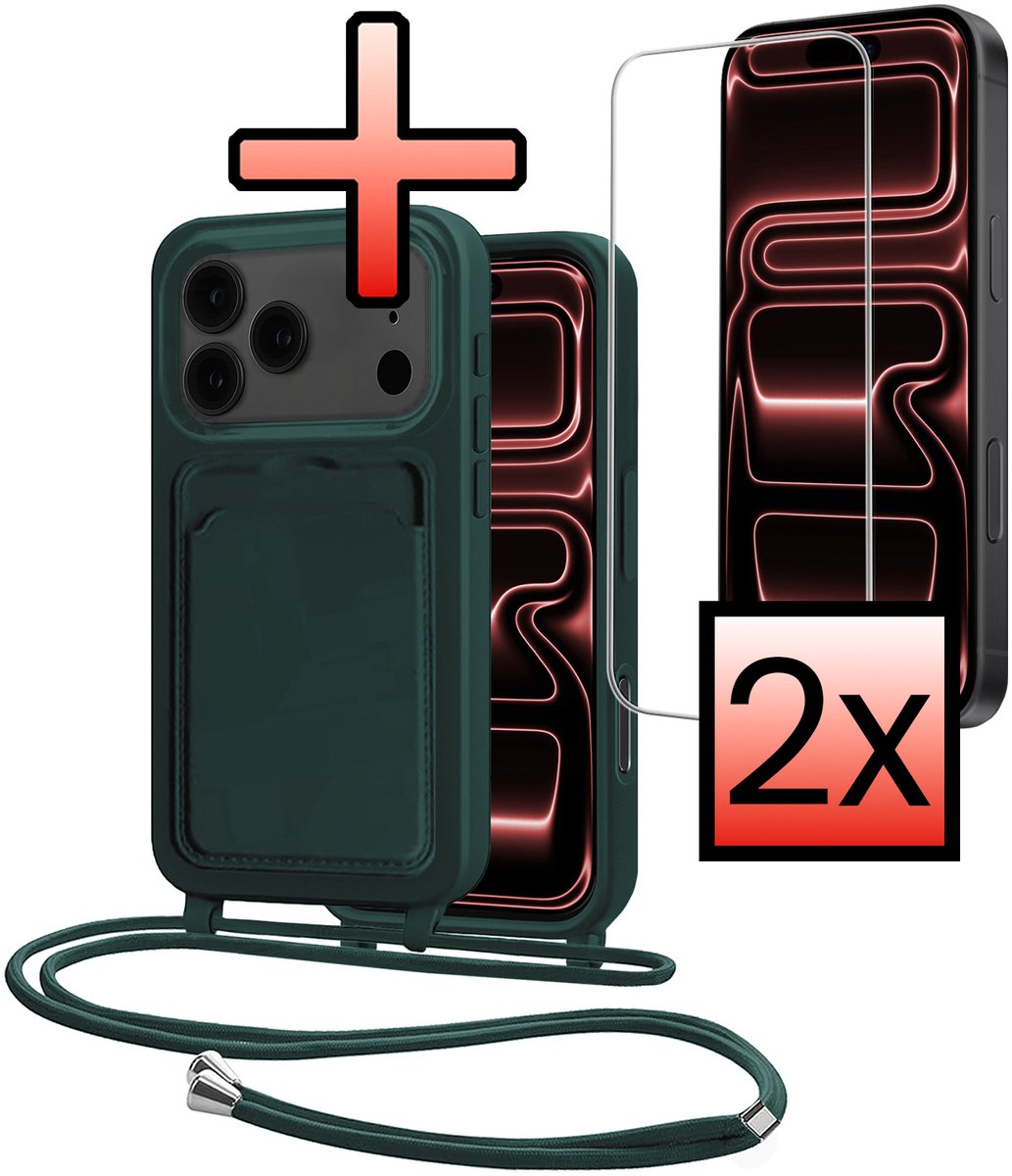 Hoes Geschikt voor iPhone 18 Pro Met Telefoonkoord Met 2x Screenprotector - Siliconen Hoesje Backcover Met Ketting - Donkergroen