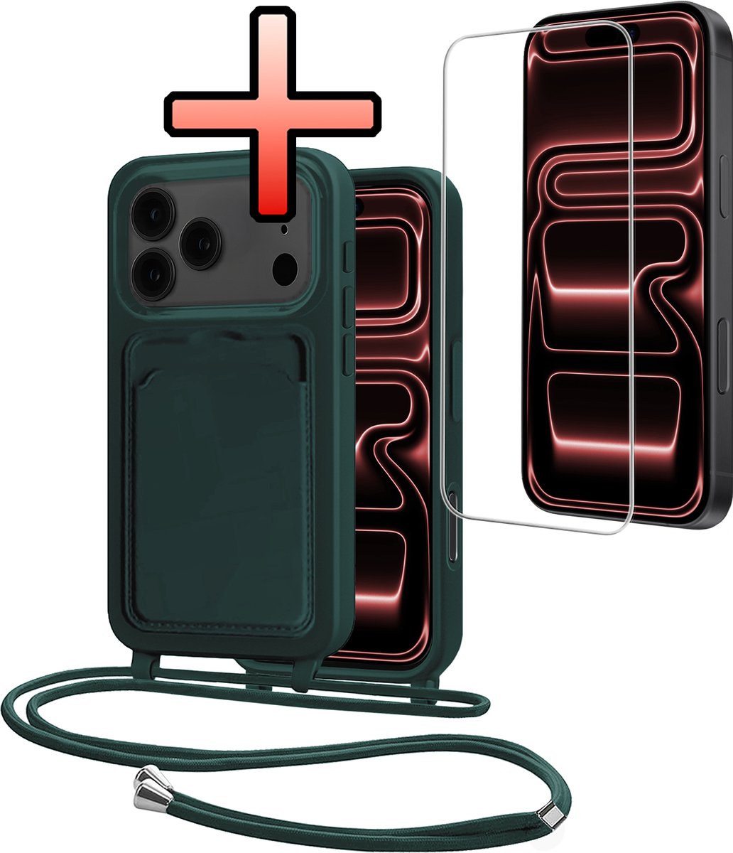 Hoes Geschikt voor iPhone 18 Pro Max Met Telefoonkoord Met Screenprotector - Siliconen Hoesje Backcover Met Ketting - Donkergroen