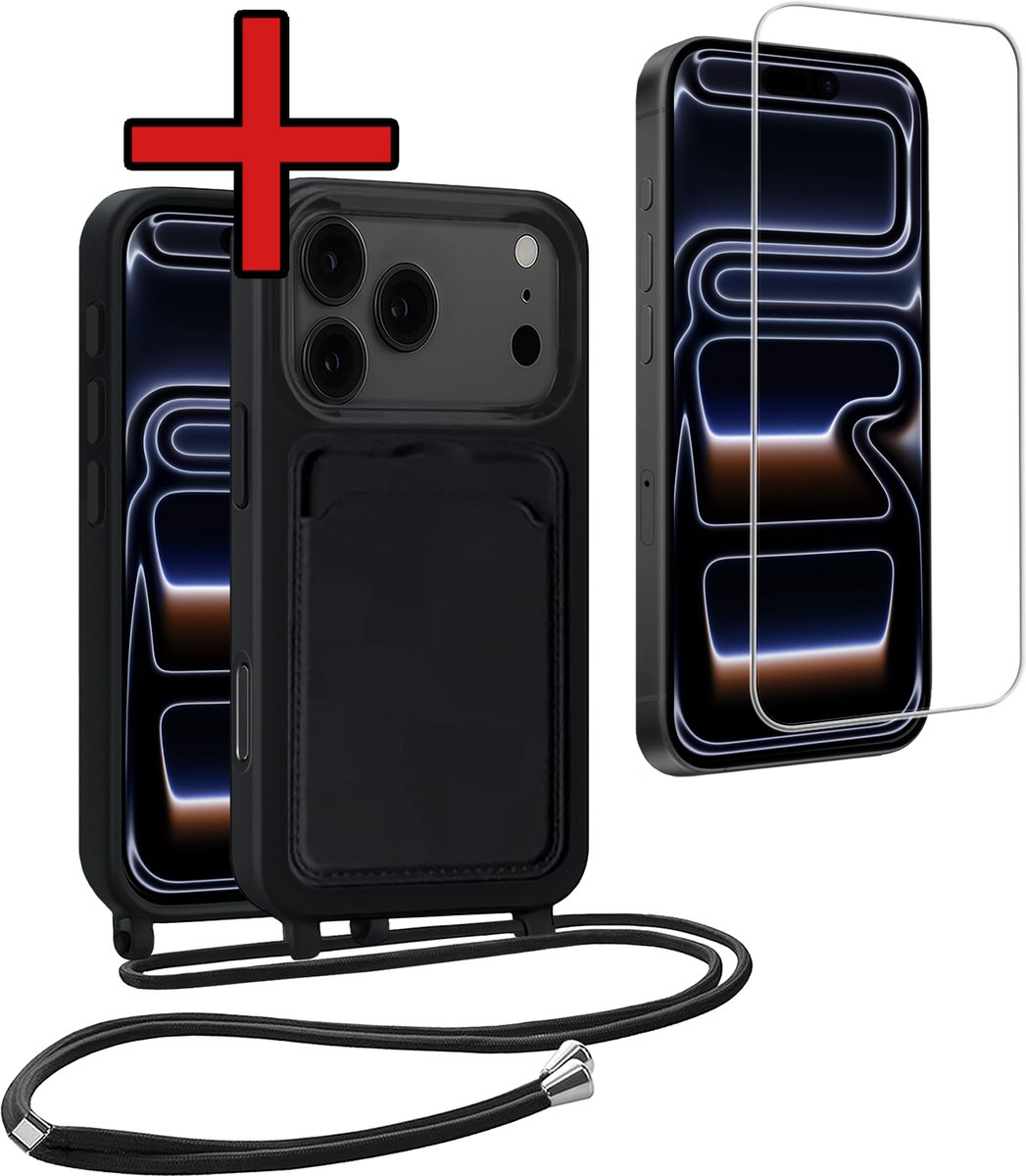 Hoesje Geschikt voor iPhone 18 Pro Hoesje Siliconen Case Met Koord Met 2x Screenprotector - Hoes Geschikt voor iPhone 18 Pro Hoesje Backcover Met Telefoonkoord - Zwart