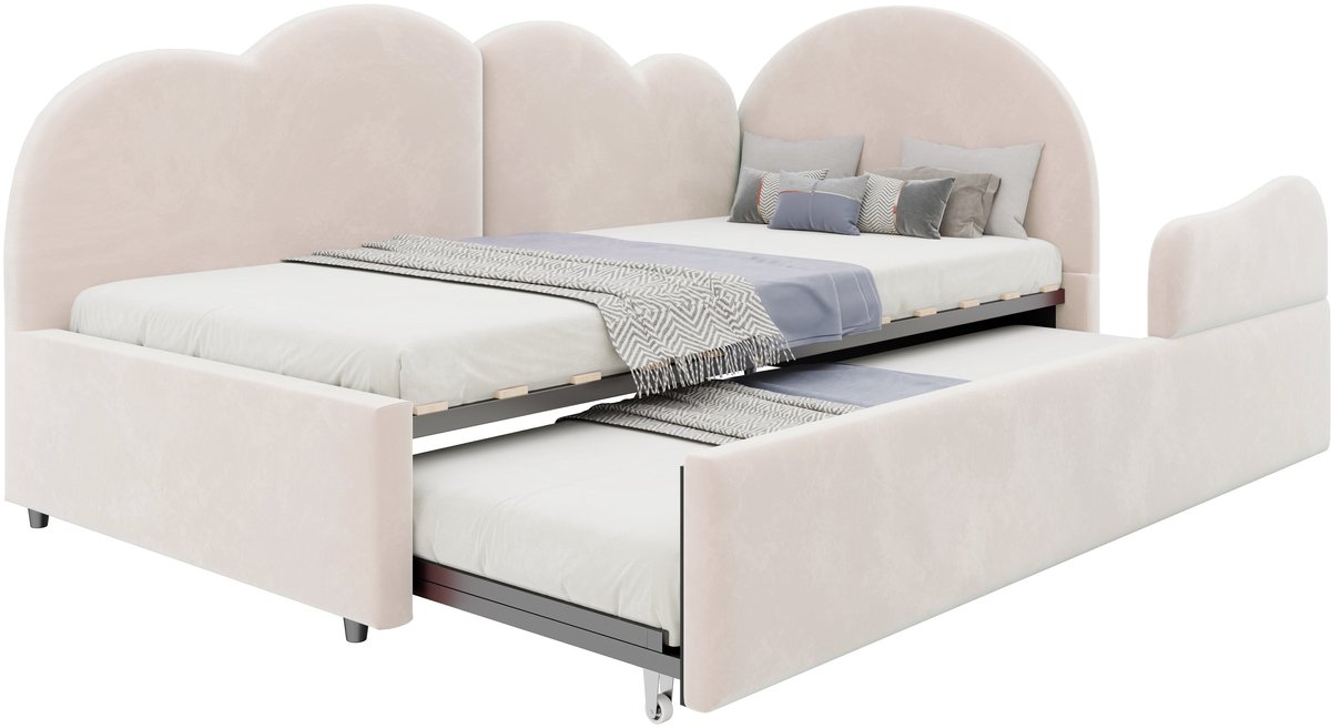 Merax Uitschuifbare Slaapbank 90 x 200 cm - Logeerbed 90 x 190 cm - Gestoffeerd Bed - Fluweel - Wolkvormig Hoofdbord - Beige