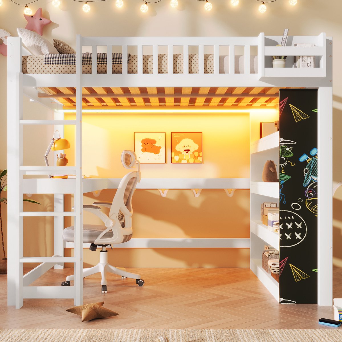 VVBV Hoogslaper 90x200 cm - Opbergruimte, LED-Verlichting, Met Trap, Met Lades - Zwart, MDF & Metaal