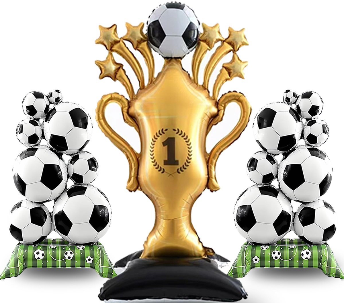 Casalora Voetbal Feestdecoratie Set – 3-delige Folieballonnen met 2 Voetbal Ballonnen en Trofee Ballon – Versiering voor Verjaardag, World Cup Sportfeest en Voetbalthema