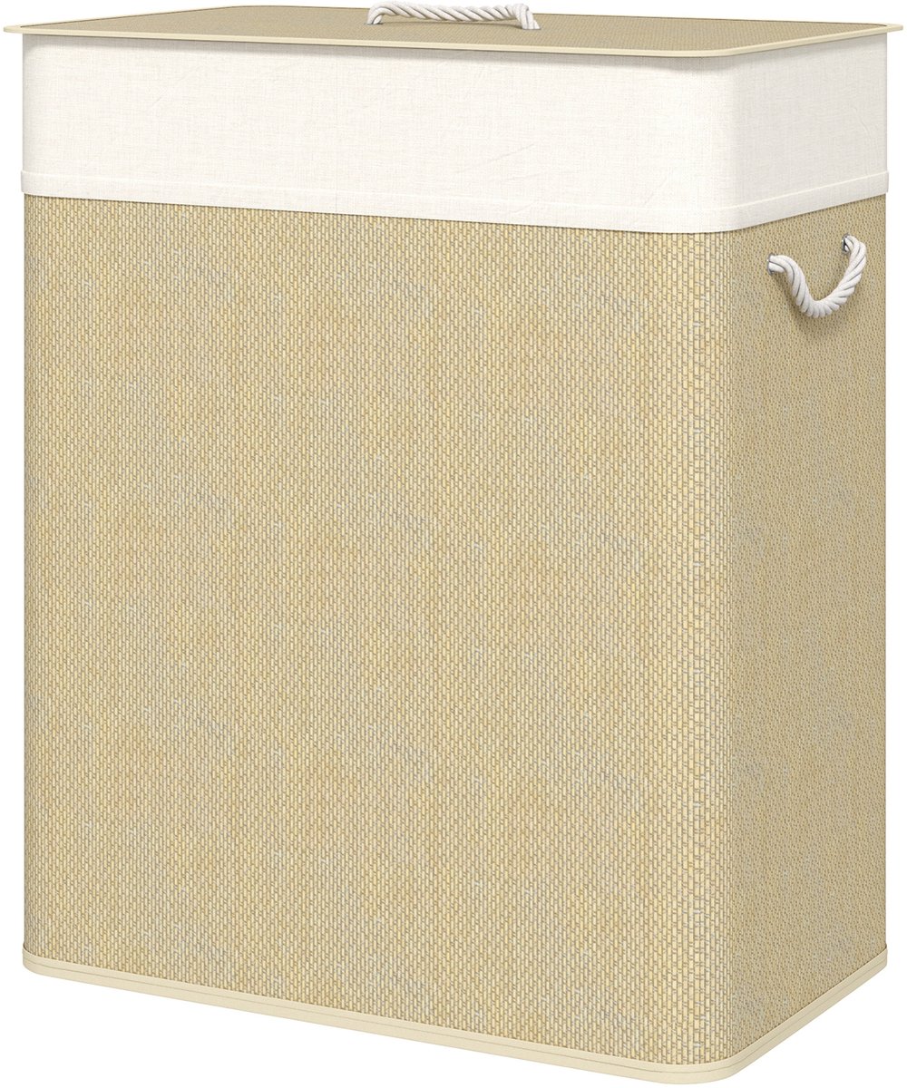Wasmand van bamboe, wasbak met 2 vakken, wassorteerder met deksel en afneembare waszak, katoenen handvatten, 100 L wasbox