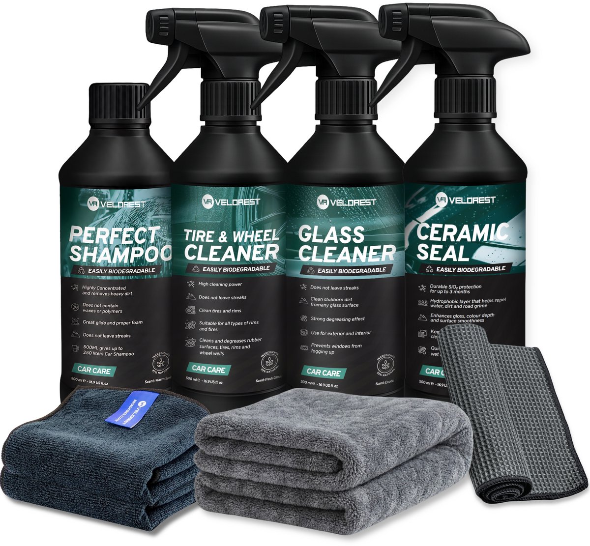 Velorest Exterior Cleaning Set - Auto Was Set - Auto Schoonmaak Set - Ruitenreiniger - Autoshampoo - Velgenreiniger - Met Droogdoek en Glasdoek - Auto Wassen