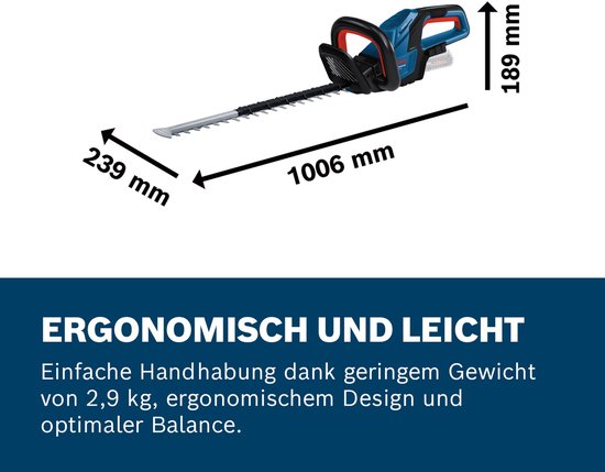 Bosch heggenschaar blauw met rode accenten, 1006 mm lang, 189 mm hoog, 239 mm diep.