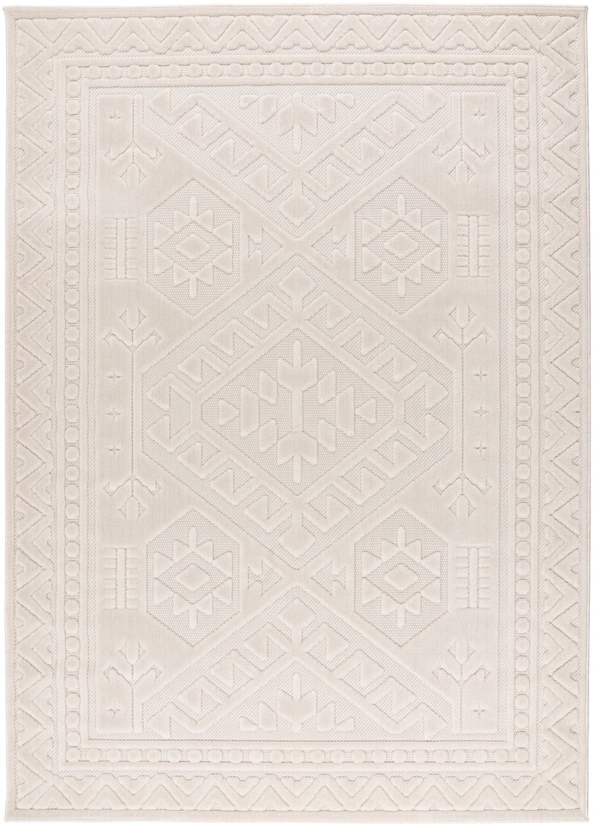 Padiro laagpolig vloerkleed 80 x 150 cm - crème / off-white - boho abstract design - voor binnen en buiten - geschikt voor vloerverwarming - van polypropyleen