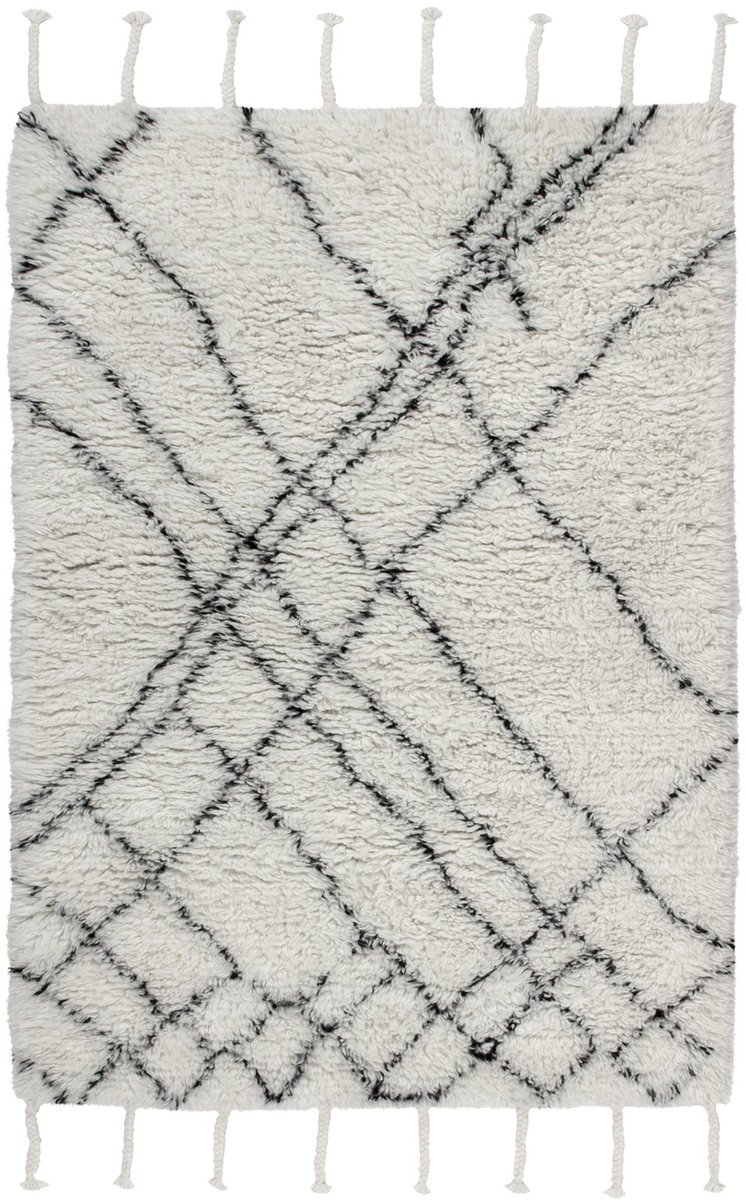 Padiro hoogpolig vloerkleed 200 x 290 cm - naturel / crème / off-white - boho geometrisch patroon - met franjes - geschikt voor vloerverwarming - van wol