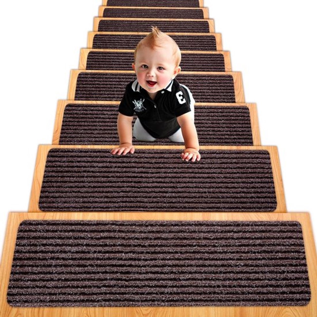 Antislip Trapmatten Set van 15, 76 x 20 cm, Zelfklevende Strips voor Binnen, Geschikt voor Diverse Trapsoorten en Vloeren, Bruin