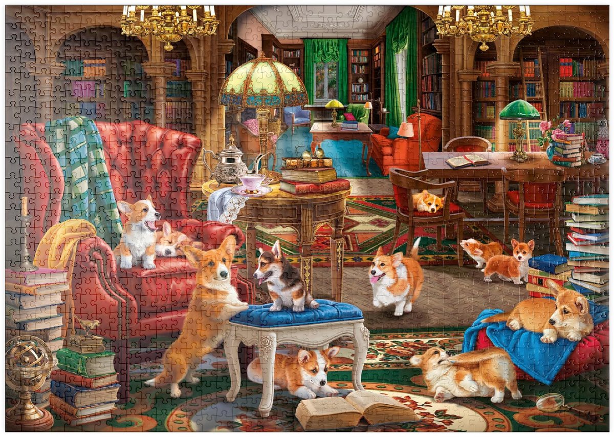 Solidchoice - MyPuzzle Corgi-chaos In The Library - Premium 1000 Stuk Puzzel
