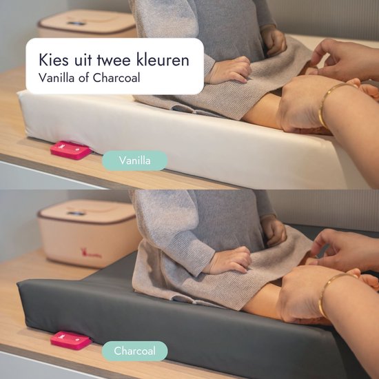 Detail van een verwarmd aankleedkussen in vanillekleur en antracietkleur.