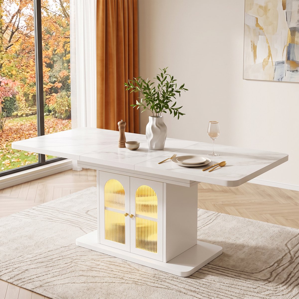 VVBV Eettafel 200x80x76 cm - Uitschuifbaar, Opbergruimte, LED-Verlichting - Wit, MDF