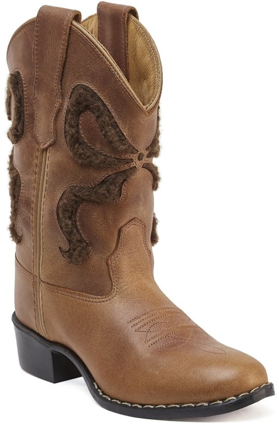 Cognac kleurige cowboylaars met bruine strik-applicatie en vachtdetails op de schacht.
