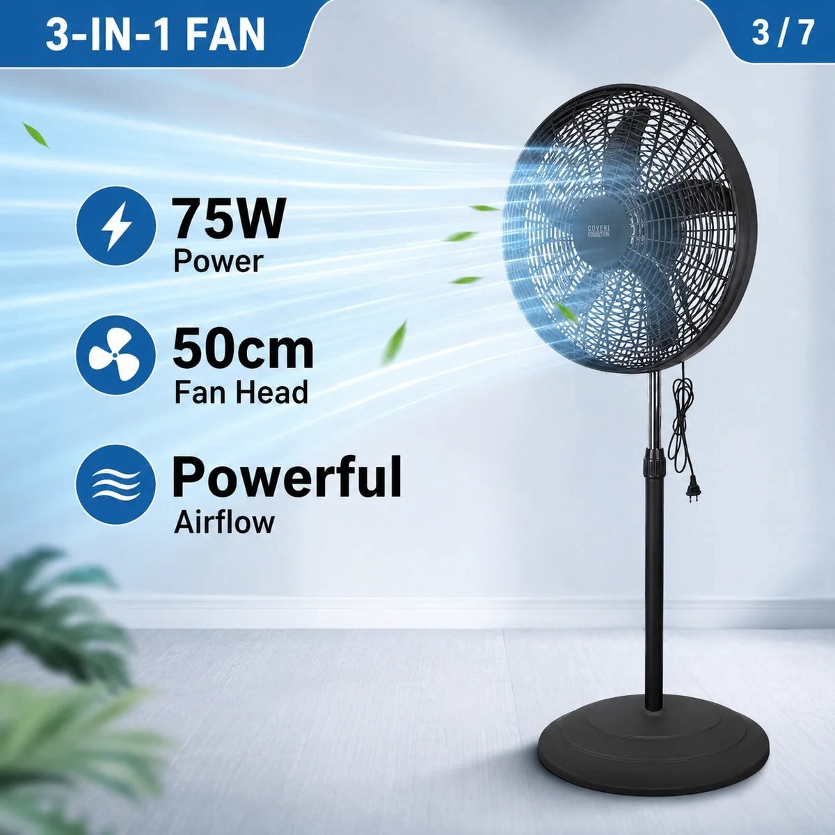 Bresht 3-in-1 Ventilator - 75W - Staand, Tafel- en Wandmodel - Drie instelbare snelheden - Zwart - Ø 50 cm - Tot 130 cm hoog
