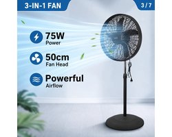Bresht 3-in-1 Ventilator - 75W - Staand, Tafel- en Wandmodel - Drie instelbare snelheden - Zwart -…