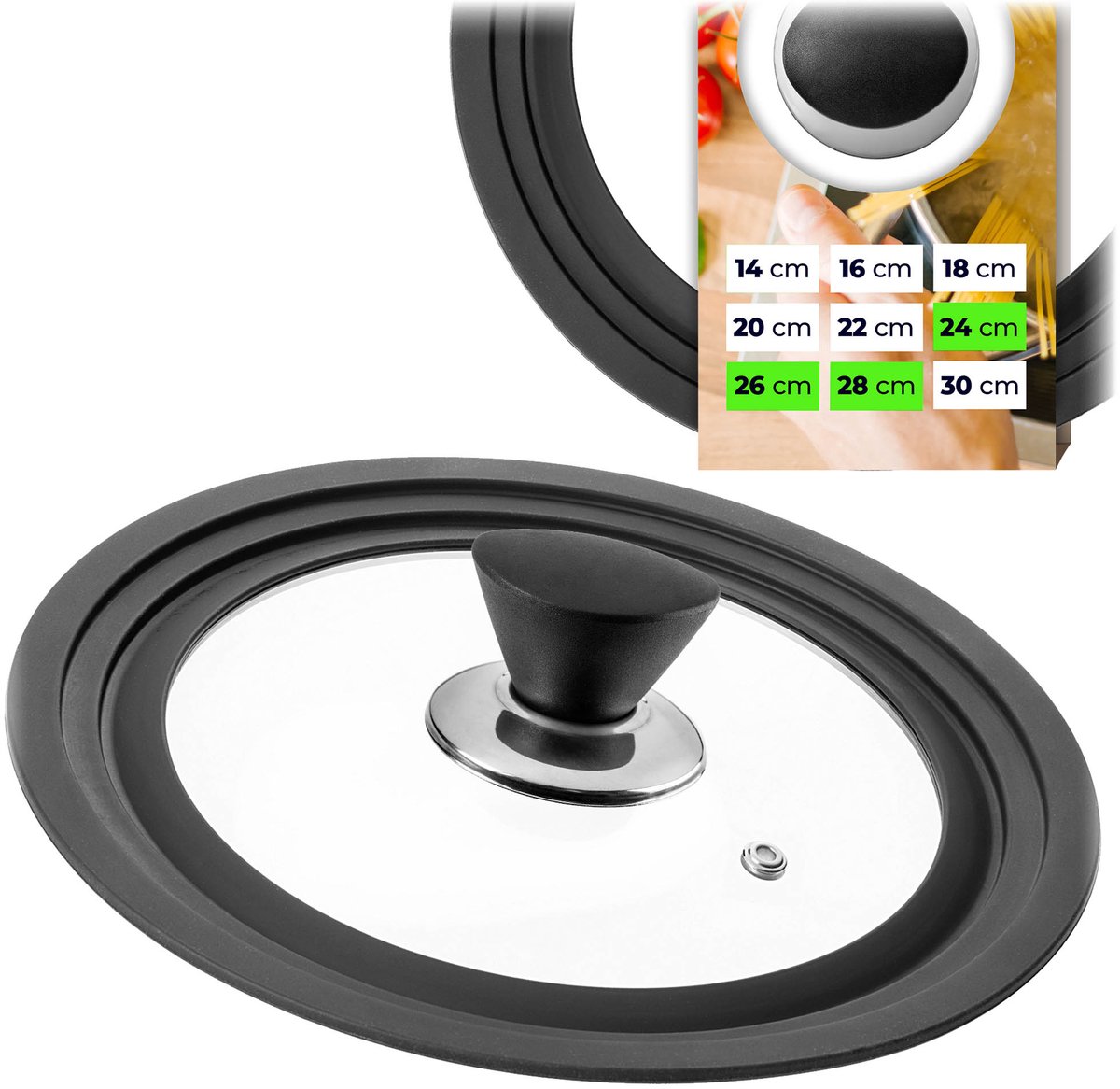 KADAX universele deksel 24/26/28 cm, universele deksel voor potten en pannen, pannendeksel, glazen deksel met siliconenrand en stoomopening, potdeksel (zilver/zwart)