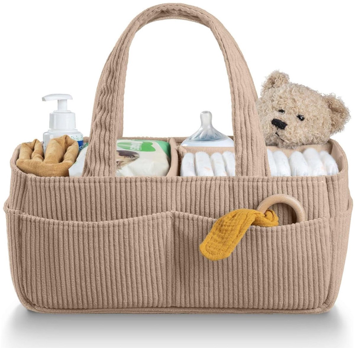 Luieropbergmand voor baby's - Luiertas - Luiermand met grote capaciteit - Luieropbergmand voor in de auto - 35x23x18cm - Opvouwbaar - Corduroy - Geschikt voor auto-interieurs, kinderkamers, badkamers en buitenactiviteiten - Bruin