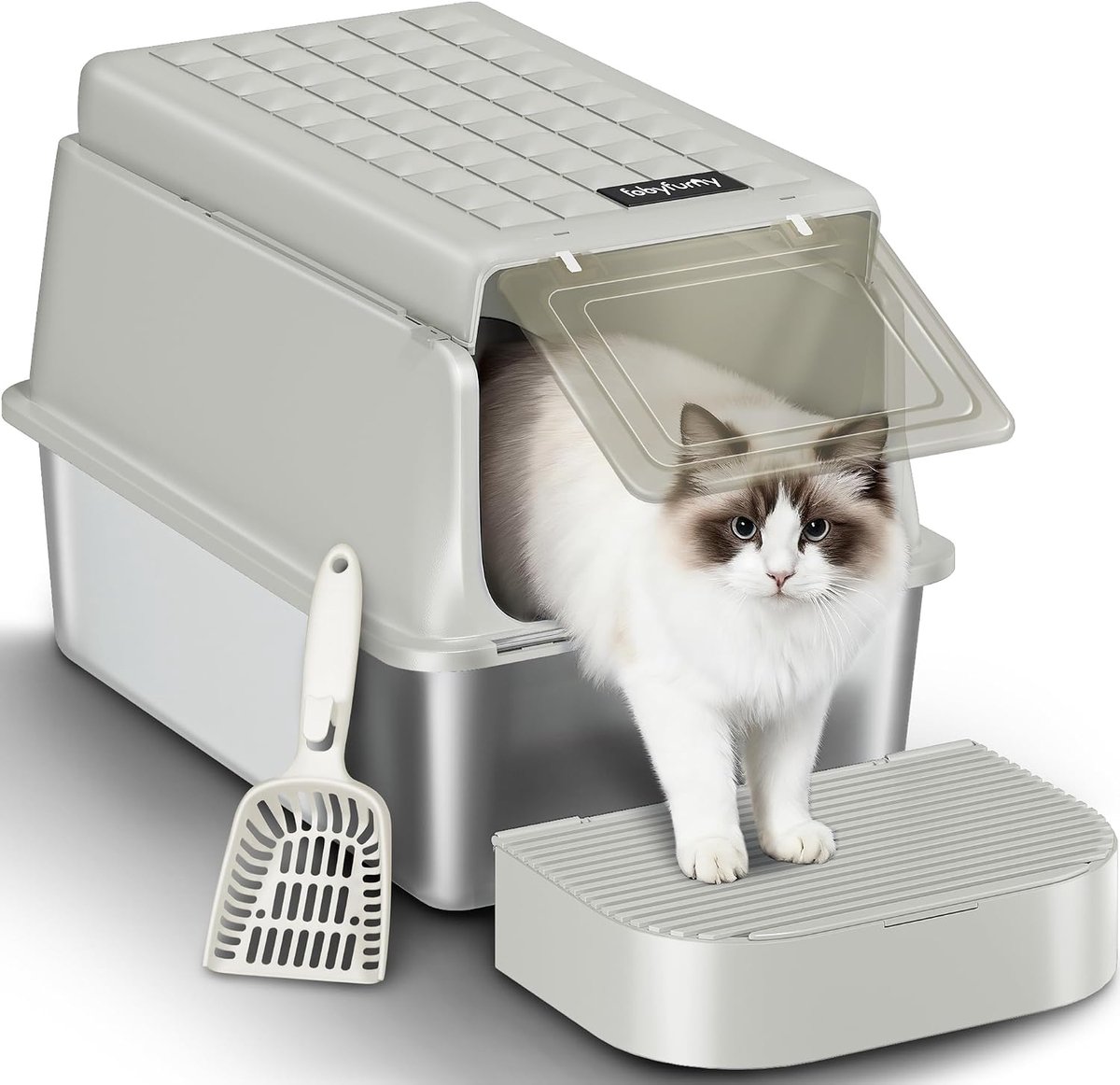 Hzuaneri Roestvrijstalen Kattenbak, XXL Metalen Kattenbak, Crèmegrijs, Gesloten Kattenbak, Inclusief Kattenbakschepje en Voetpedaal, Uitneembaar, 120° Klapdeksel, 60x40x38,5cm