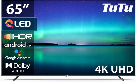 TuTu Android Smart TV - QLED 4K UHD - 65 inch/165 cm - Voice control - Streaming apps - HDMI x3, USB x2, CI+ - Tripple Tuner DVB-T/T2/S/S2/C - Frameless Design - Geassembleerd in N…