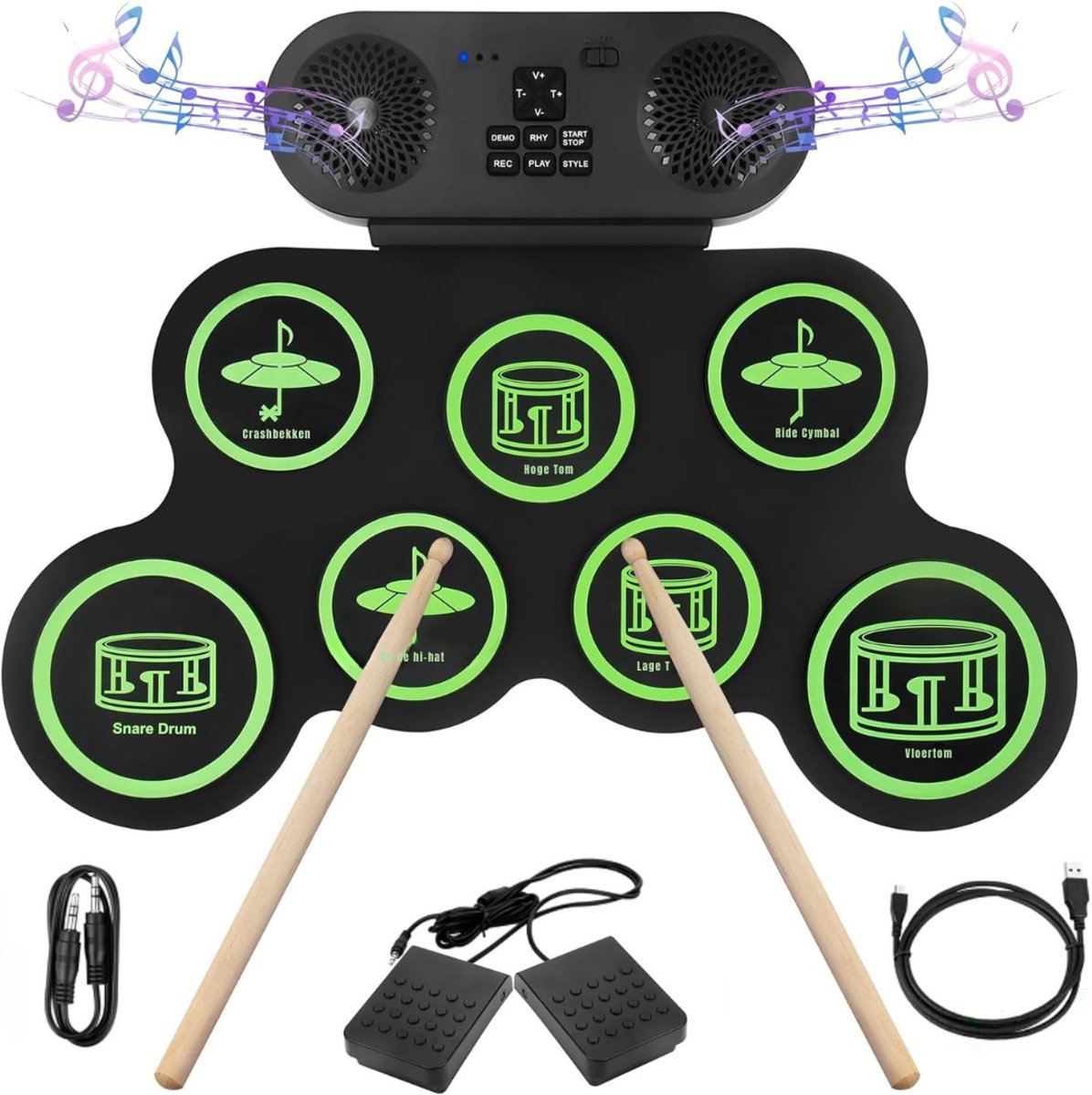 QUOVO® Elektrisch Drumstel met Drumstokken - Drumstel voor Kinderen of Volwassenen - Drumstel Elektronisch – Met 7 Digitale Drumpad - Met 2 Pedalen - Met Geïntegreerde Luidsprekers – Groen - 42cm x 17cm x 4cm