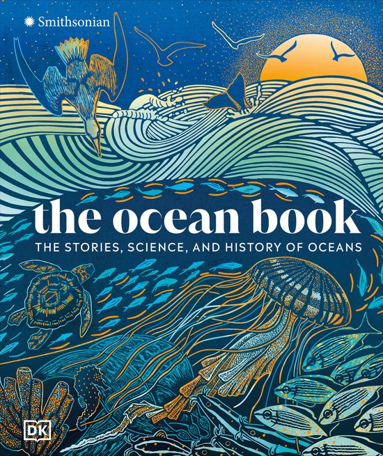 Boekomslag 'the ocean book' met illustraties van de zee, vissen, een schildpad, kwallen, vogels en de zon.